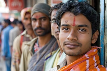 group of youth Indian men standing next to each other in row and posing for a picture, likely representing a village or community during Election or Social Event Purpose.