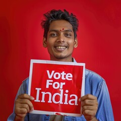 Voter Awareness on the Election Time, A young man is holding up a sign that says Vote for India. Fictional Character Created by Generative AI. - obrazy, fototapety, plakaty