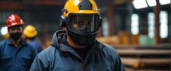 professional a gas mask engineer factory in protective uniform operating machine, Engineering worker in safety hardhat at warehouse industrial facilities, Heavy Industry Manufacturing 