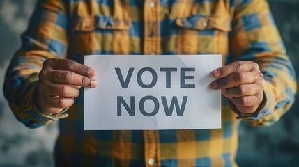 Voters to Participate in Electoral Motivate for Election,  a man holding a sign that says "vote now" in a democratic context. crop image.