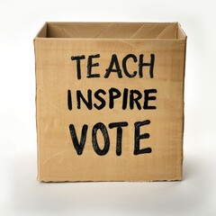 Teach Inspire Vote written text on cardboard box, focused on the importance of education and voting.