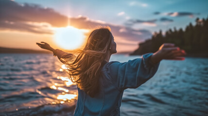 Woman with arms open facing the sunset by the water. Freedom and joy concept. Design for wellness retreats, travel inspiration, and life enjoyment content. - obrazy, fototapety, plakaty