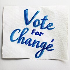 Election Day Concept - Vote Change blue text written on white note paper, possibly a political sign, advocating voting and supporting change. - obrazy, fototapety, plakaty