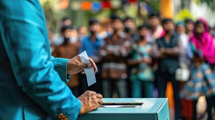 Obraz premium Voter putting paper vote into ballot box on Election Day in front of crowd, closeup image Fictional Character Created by Generative AI.