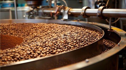 Freshly roasted aromatic coffee beans on modern machine, perfect for passionate coffee lovers