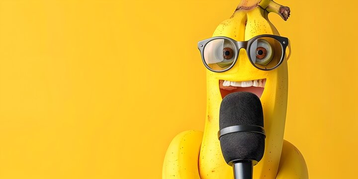 Whimsical Banana Themed Podcast Presenter with Microphone Hosting Business Trends Program