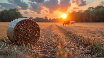 Rural landscape during sunrise, capturing the simplicity and beauty of agriculture. AI generate illustration - obrazy, fototapety, plakaty