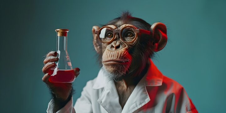 an anthropomorphized monkey character wearing a lab coat and proudly holding aloft
