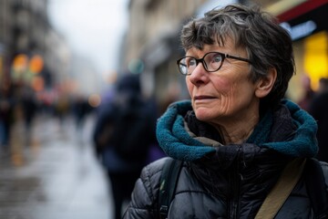 Portrait of a senior woman with glasses in the city center.