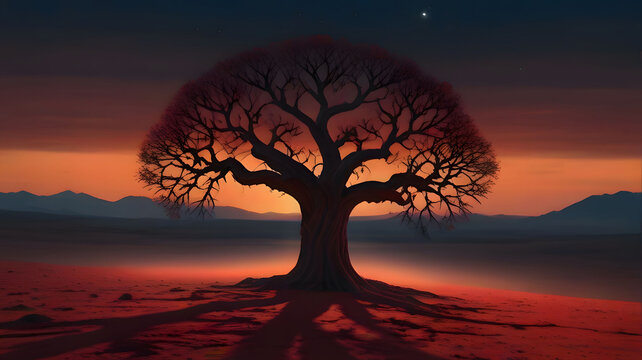 Crimson Tree of Life A gnarled and ancient tree stands alone on a barren landscape. Its branches, devoid of leaves, are instead adorned with glowing red orbs that pulse with an inner light