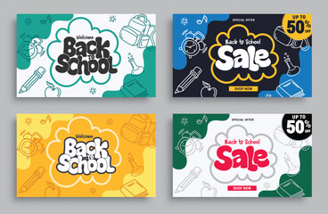 Back to school sale vector banner set. Welcome back to school greeting and sale text with pencil, bag, books and clock doodle elements for educational lay out background collection. Vector 
