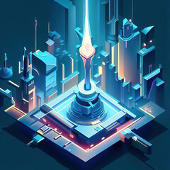 Low pole, abstract futuristic tower in the middle of a tech city, Ai generated - 782848623