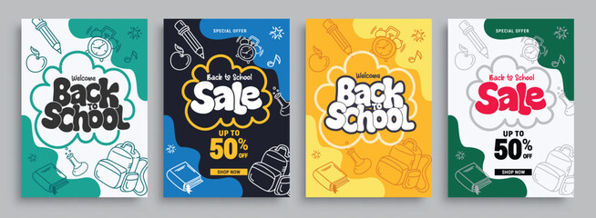 Back to school sale vector poster set. Welcome back to school greeting and sale text with pencil, bag, books and clock doodle elements for educational lay out background collection. Vector 