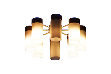 Black decorative lamp hanging from ceiling modern lamp with golden yellow light isolated on cut out...