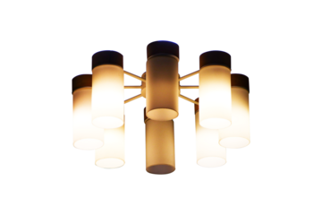 Black decorative lamp hanging from ceiling modern lamp with golden yellow light isolated on cut out PNG or transparent background. Decoration equipment for home. Modern interior accessories.