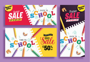Back to school sale vector banner set. School greeting text and shopping promotion lay out collection for educational bundle brochure and flyers background. Vector illustration school sale promo 