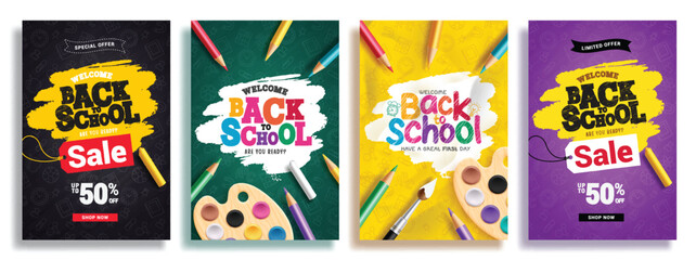 Back to school sale vector poster set. Welcome back to school greeting text promotion lay out collection with educational elements and learning items for flyers background. Vector illustration school 
