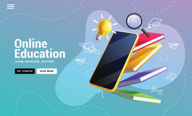 Online education vector design. Back to school online education text web page with mobile phone and books learning elements for distance educational application background. Vector illustration online 