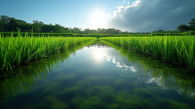 Rice paddy field reflections. AI generate illustration