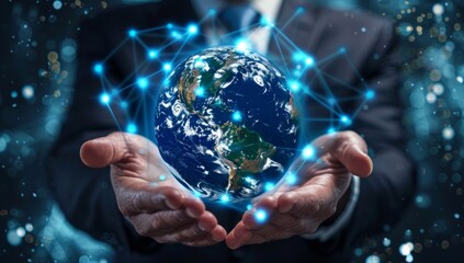 Hands of a businessman hold earth globe hologram in his hands. Global business concept, international financial network connection - obrazy, fototapety, plakaty