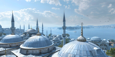  Minarets and domes of Blue Mosque with Bosporus ,Blue Mosque on the background near by river     - obrazy, fototapety, plakaty