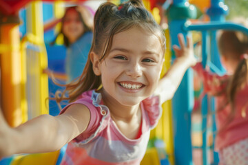 Portrait of a smiling little girl having fun on the playground.
