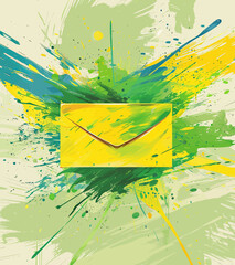 a yellow envelope with a green and yellow splash