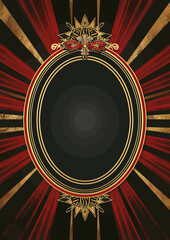 a black and red background with a gold frame