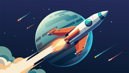 With a powerful burst of fiery propulsion a futuristic spacecraft blasts off from Earth carrying a precious cargo of supplies and equipment - obrazy, fototapety, plakaty
