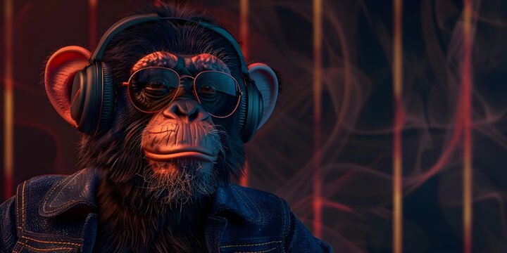 A chimpanzee character wearing headphones and glasses with a beard and thoughtful expression appears to be an acoustics engineer - Powered by Adobe