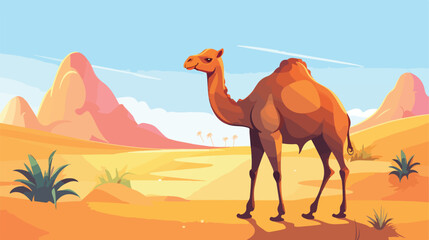 Cute one hump camel walking in desert. Wild dromeda - obrazy, fototapety, plakaty