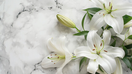 Elegant white lilies arranged on marble countertop, perfect for Mother's Day, Women's Day,...