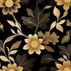 Golden flowers and leaves on black background