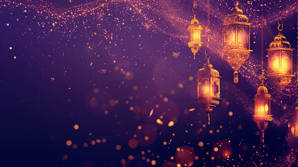 Festive Eid al-Adha lanterns with golden sparkles. Background with copy space. Concept of Islamic celebration, religious festivity, spiritual decoration