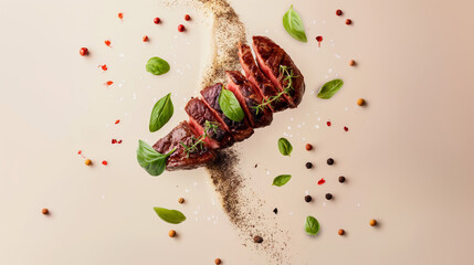 Sliced medium-rare steak with aromatic herbs and spices on a neutral background