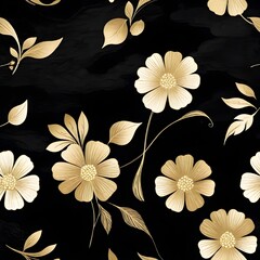 Golden flowers and leaves on black background