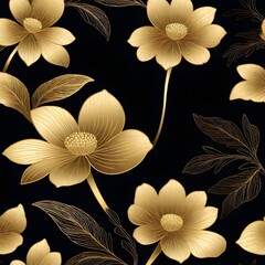 Golden flowers and leaves on black background