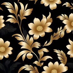 Golden flowers and leaves on black background