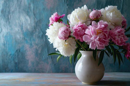 A lovely arrangement of pink and white peony flowers in a vase on grey grungy background.