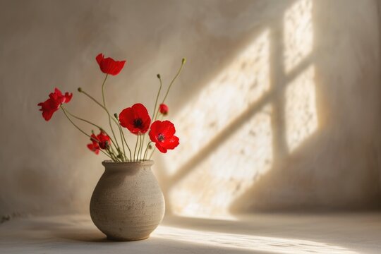 A White Ceramic Pot Filled Beautiful Red Poppy Flowers on a Sunlit Windowsill.
