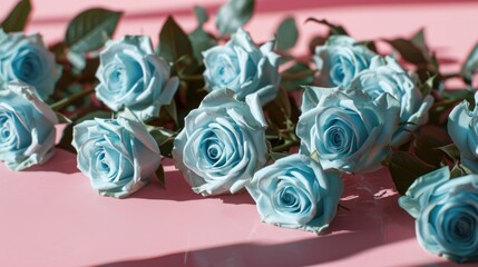 Obraz na płótnie Canvas Fascinating blue rose flower adorned on pink background. Love or Valentine's Day Concept.