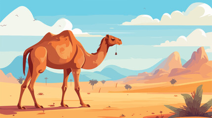 Cute one hump camel walking in desert. Wild dromeda