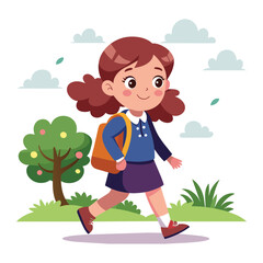 Young girl go back to school with backpack, vector cartoon illustration.