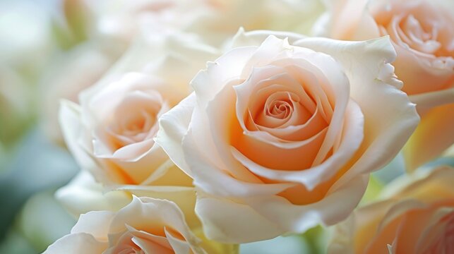  A bunch of beautiful white and peach-colored roses. closeup image.