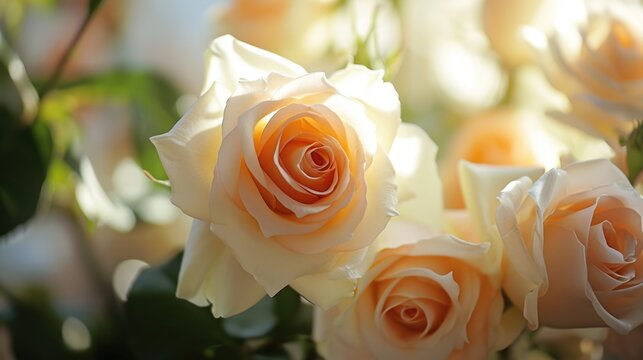 A bunch of beautiful white and peach-colored roses. closeup image.