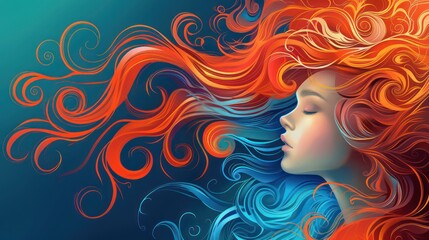 A painting of a beautiful woman with colorful wavy and loose hair with a serenity and elegance colorful concept.