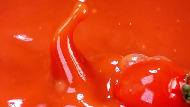 close up of natural whole tomato falling in juice, advertising of tropical fruit juice splashing, super slow motion