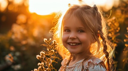  A cute little girl enjoying sunshine in the field of wildflowers. Fictional Character Created by Generative AI.