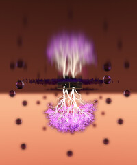 A surreal image of a glowing tree with pink leaves and white branches, growing upside down from the dark ceiling, surrounded by glass reflective spheres. 3D illustration. 