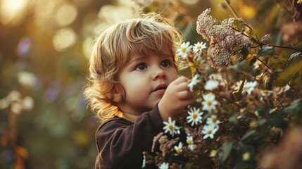 Curious little girl exploring a field of flowers. Fictional Character Created by Generative AI.